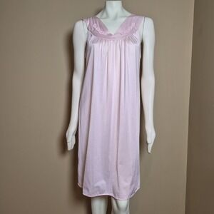 Vintage Avian Pink Nylon Nightgown Sleeveless Floral V-Neck Sleep Dress Medium